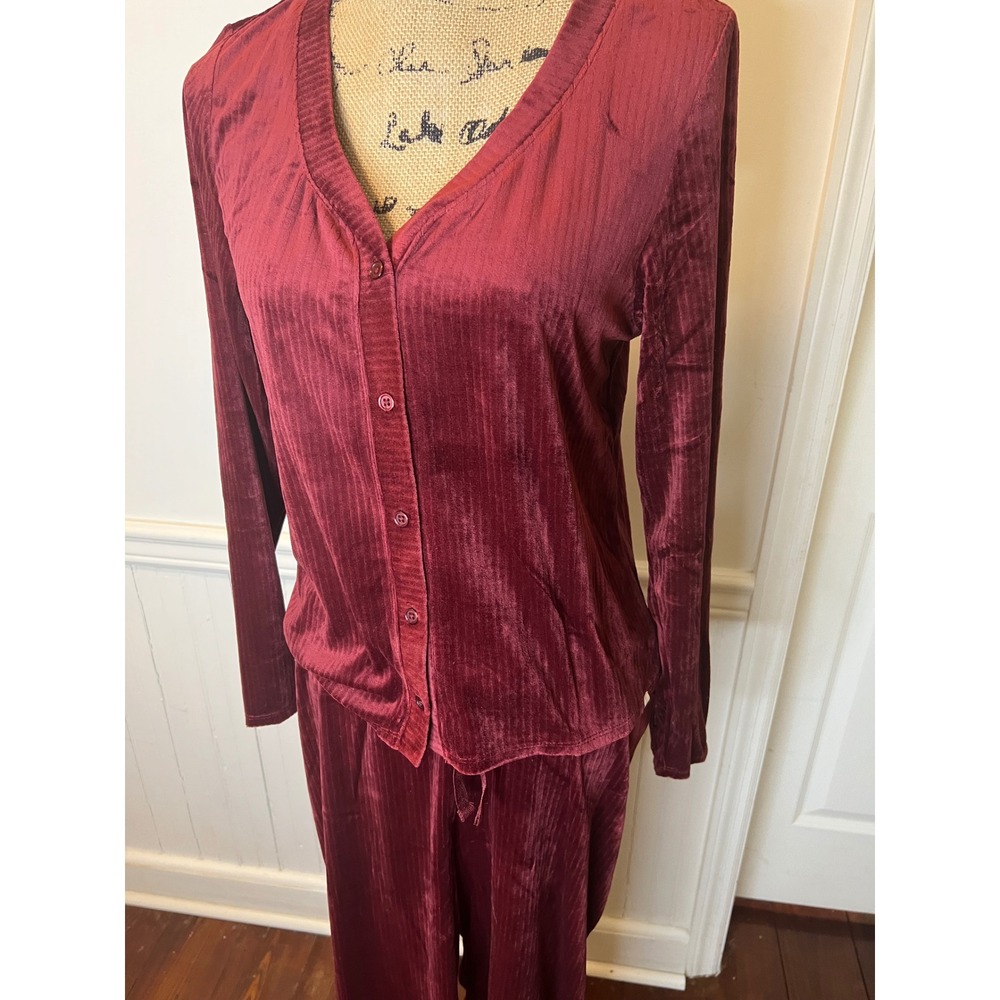 Lucky Brand Ribbed Velour‎ Pajama/lounge Set Burgundy Long Sleeve Button Up